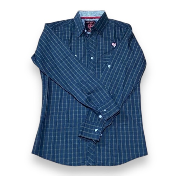 Mens Long Fit Medium Button Up Long Sleeve Blue Plaid Shirt - Picture 2 of 6